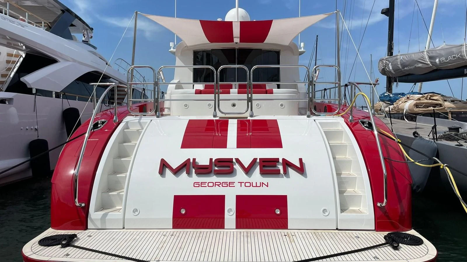 a boat with a red and white stripe aboard MYSVEN Yacht for Sale