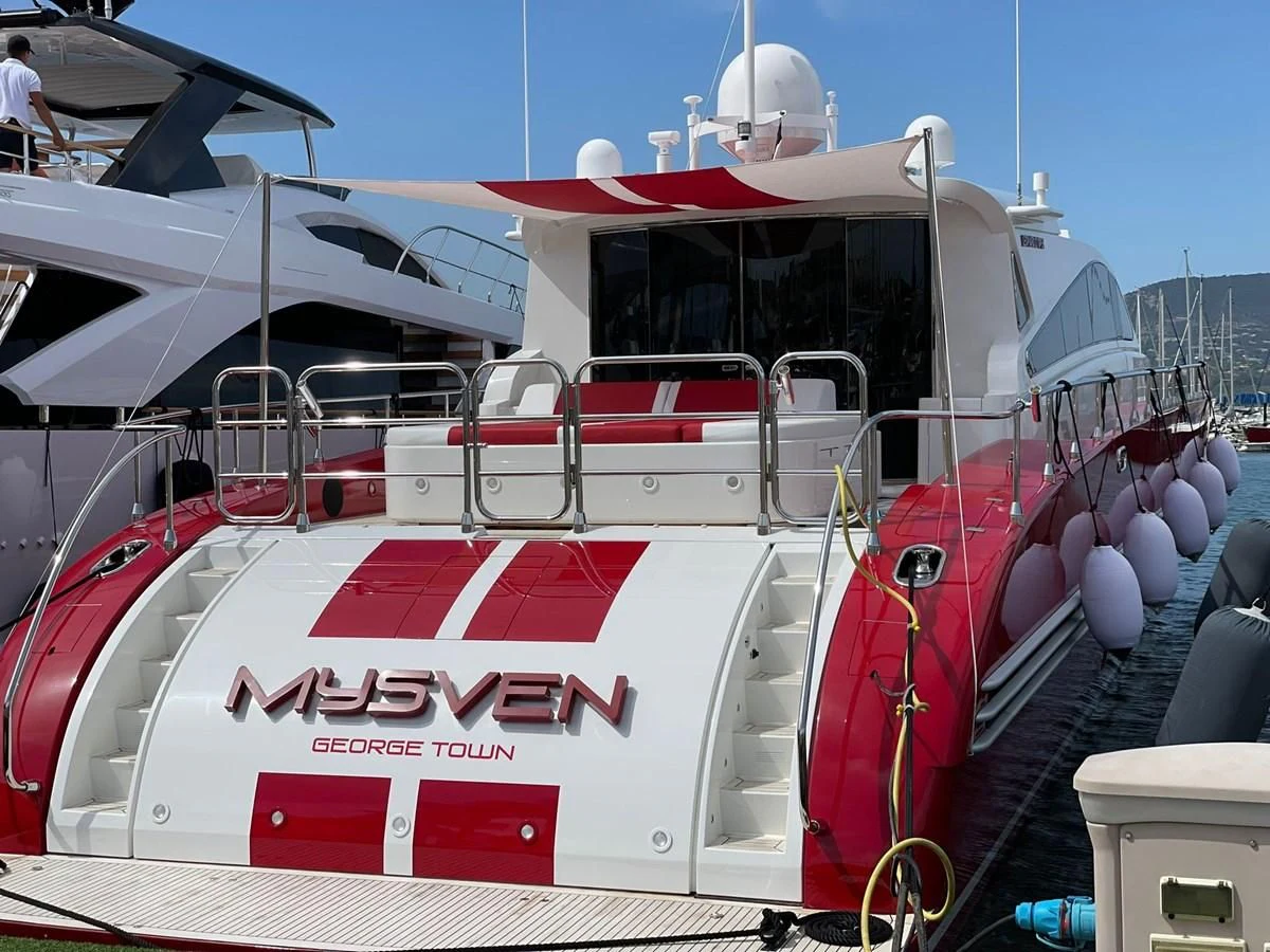a boat with a red and white stripe aboard MYSVEN Yacht for Sale
