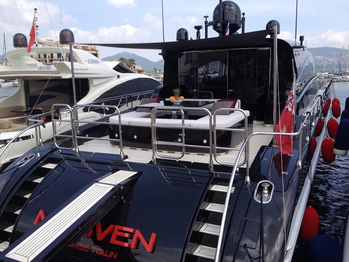 a boat with a deck and a deck aboard MYSVEN Yacht for Sale