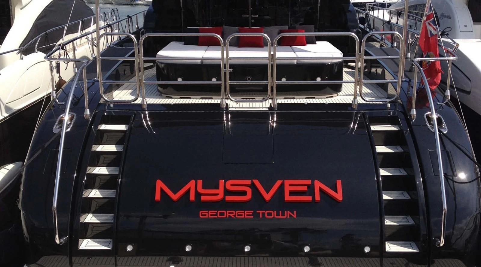the back of a black car aboard MYSVEN Yacht for Sale