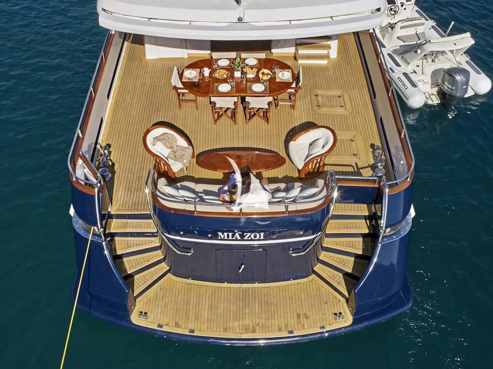 a boat with a cartoon character on it aboard MIA ZOI Yacht for Charter