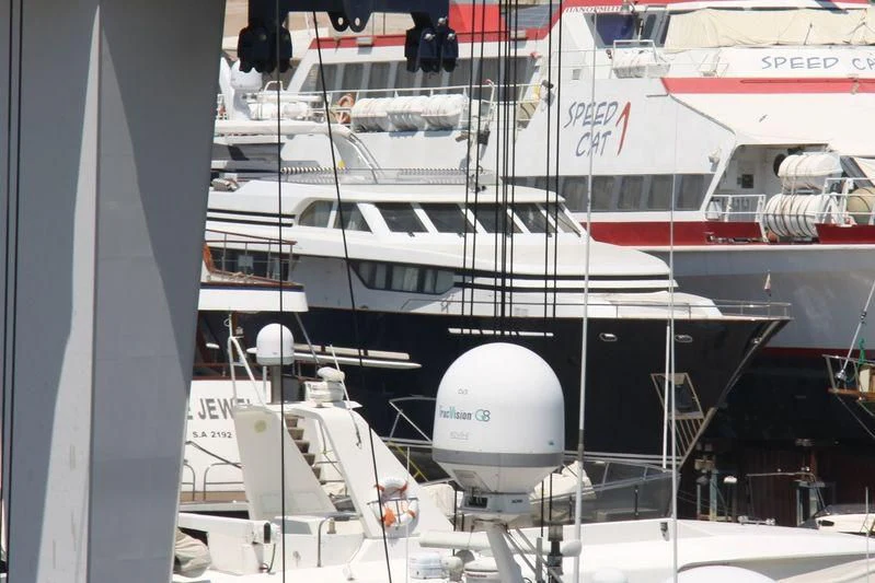 a boat docked at a pier aboard MIA ZOI Yacht for Charter