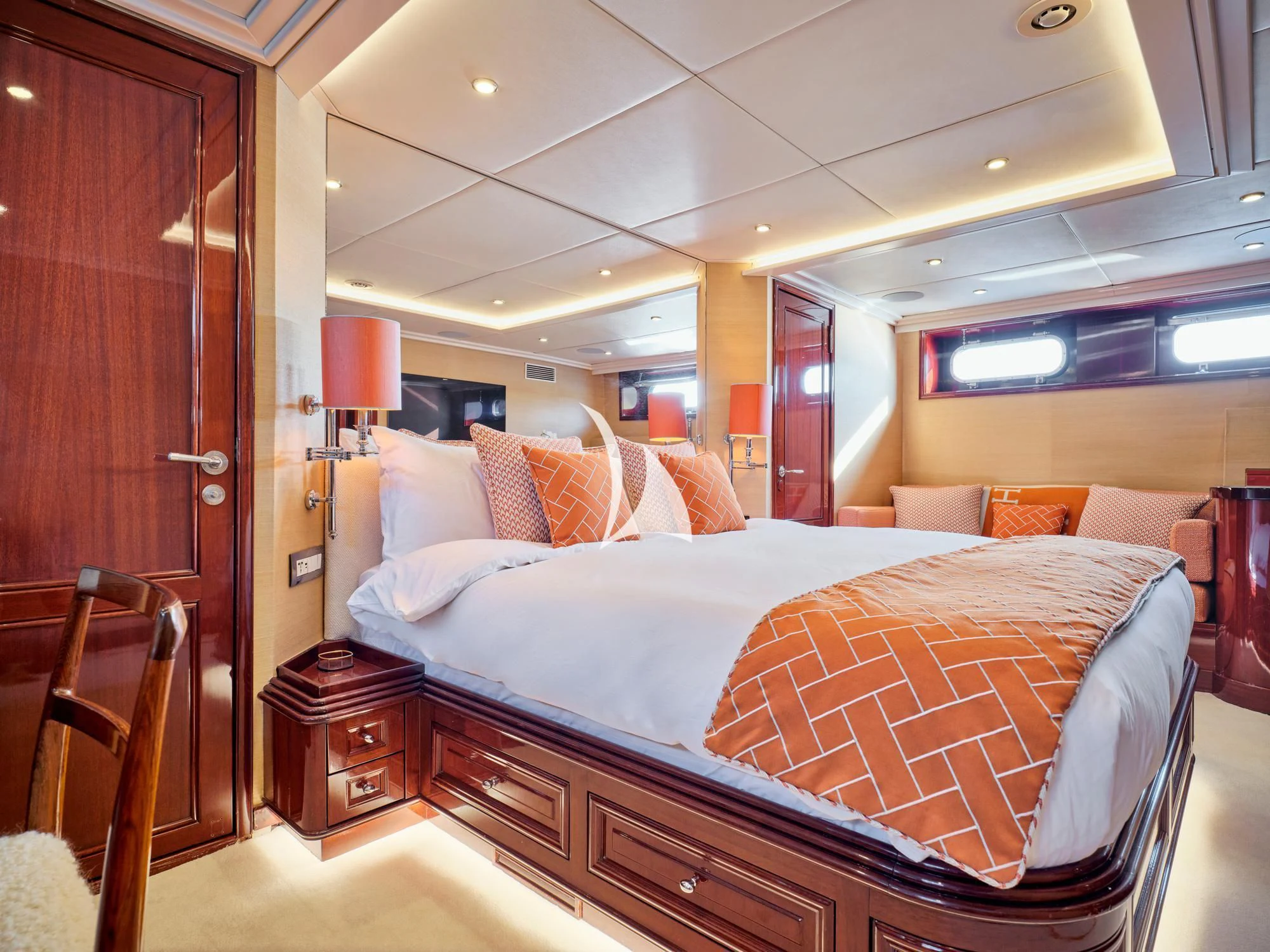 a bed in a room aboard MIA ZOI Yacht for Charter