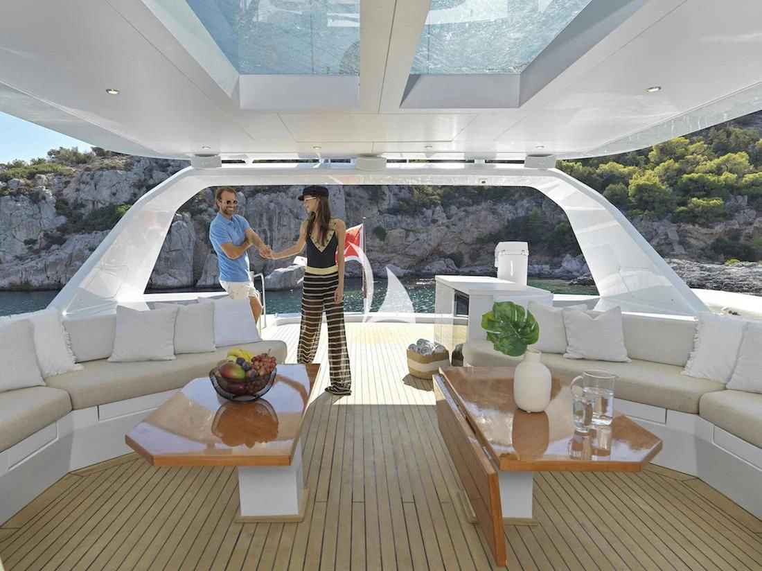 a couple standing on a deck aboard MIA ZOI Yacht for Charter