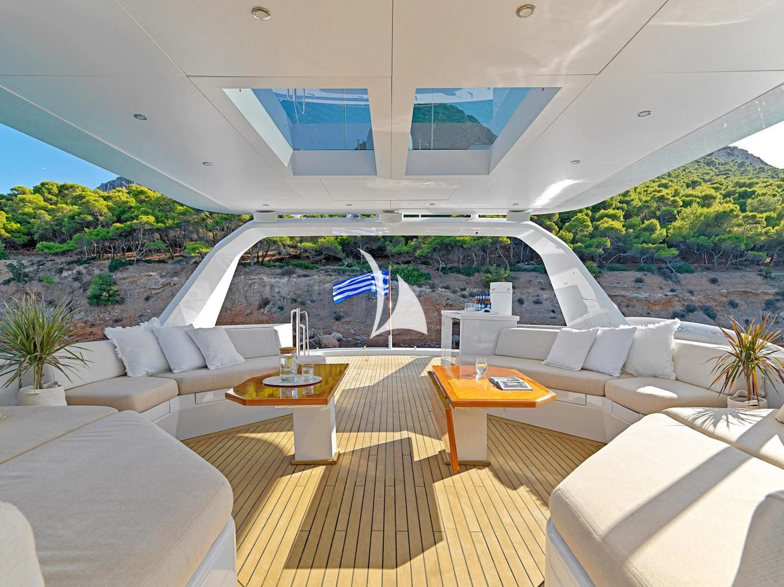 a room with a large patio area aboard MIA ZOI Yacht for Charter