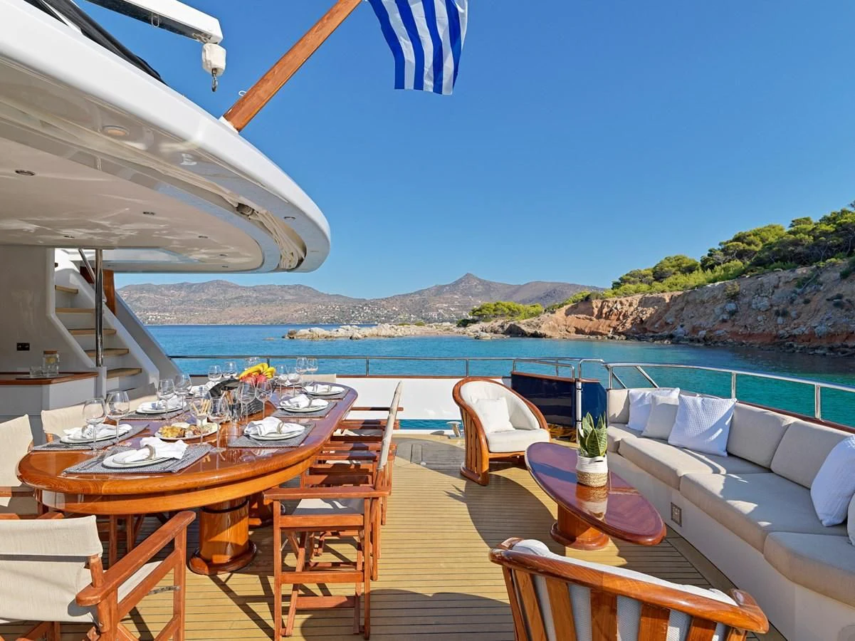 a table set for a meal on a boat aboard MIA ZOI Yacht for Charter