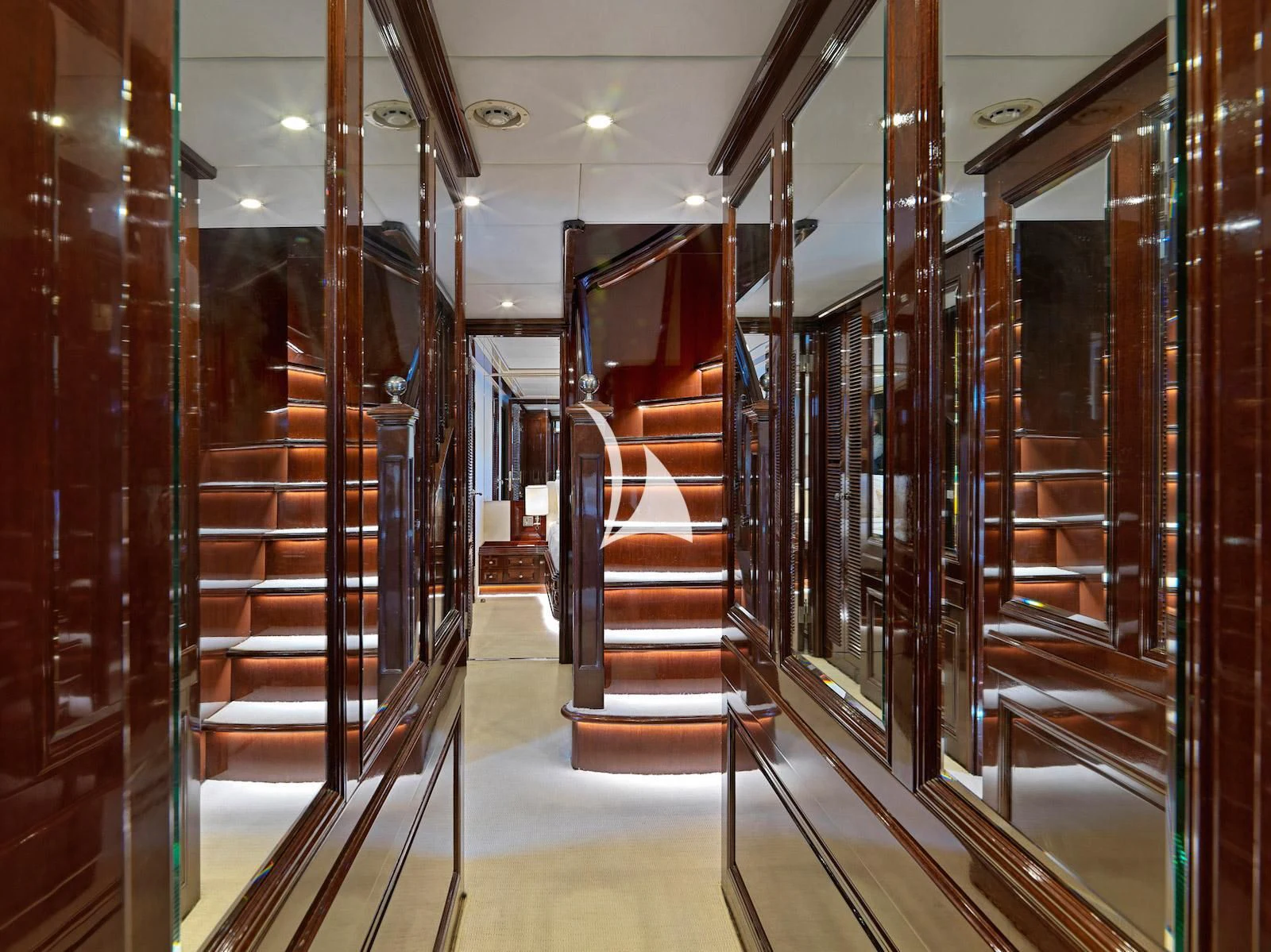 a hallway with several doors aboard MIA ZOI Yacht for Charter