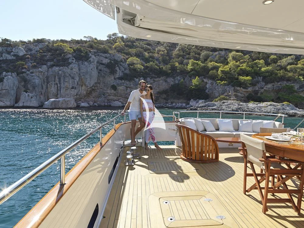 a couple walking on a boat aboard MIA ZOI Yacht for Charter