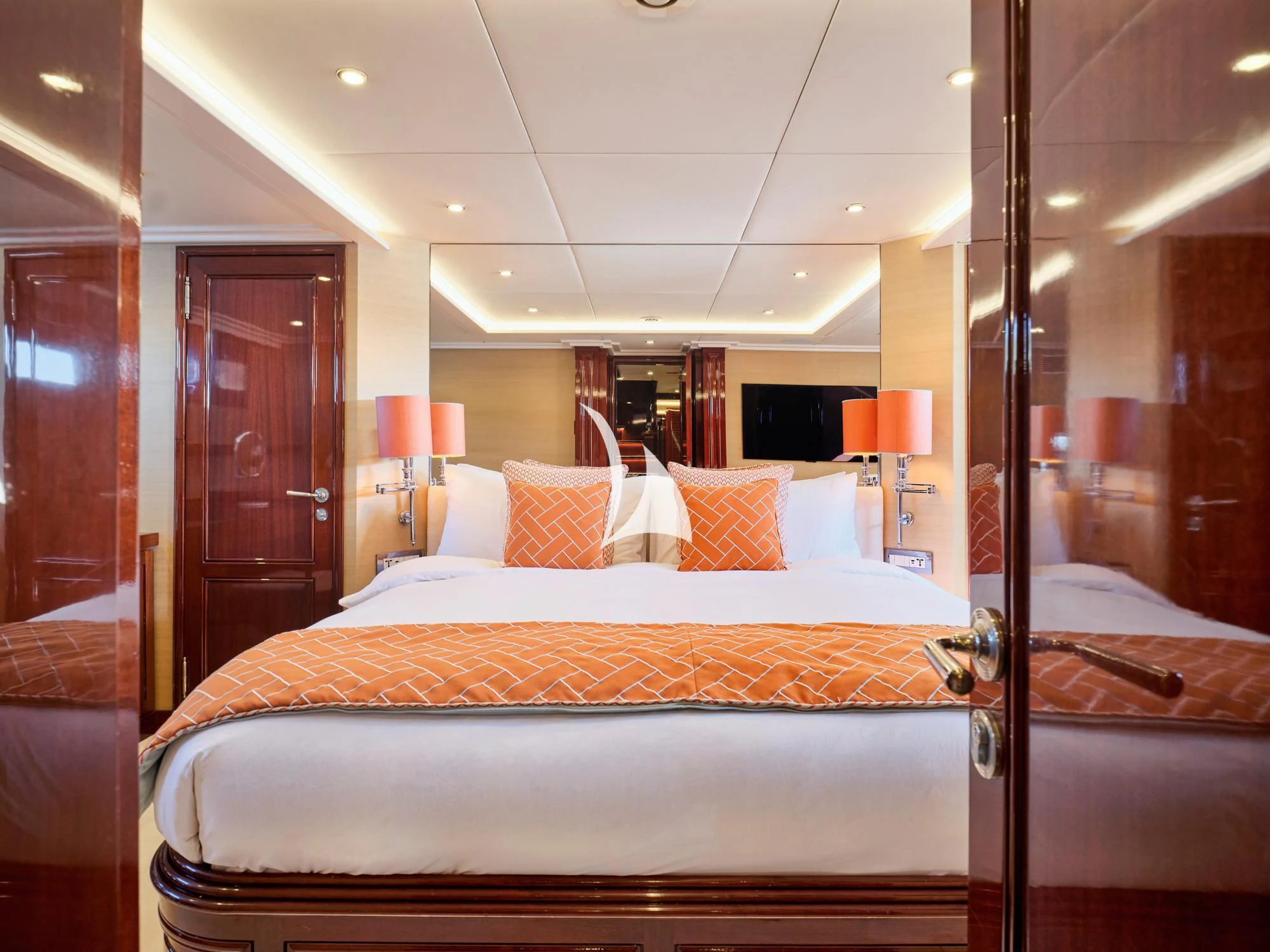 a hotel room with a bed aboard MIA ZOI Yacht for Charter