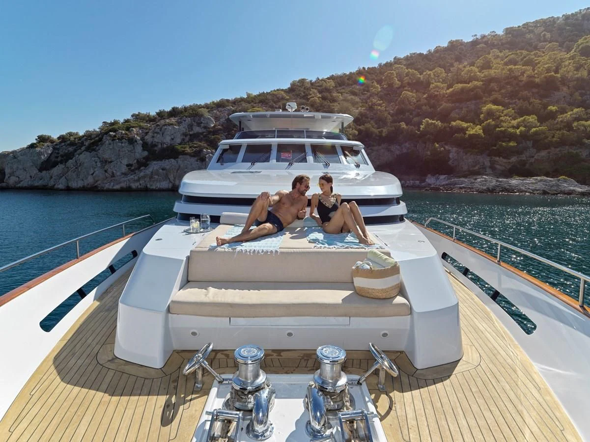 a couple sitting on a boat aboard MIA ZOI Yacht for Charter