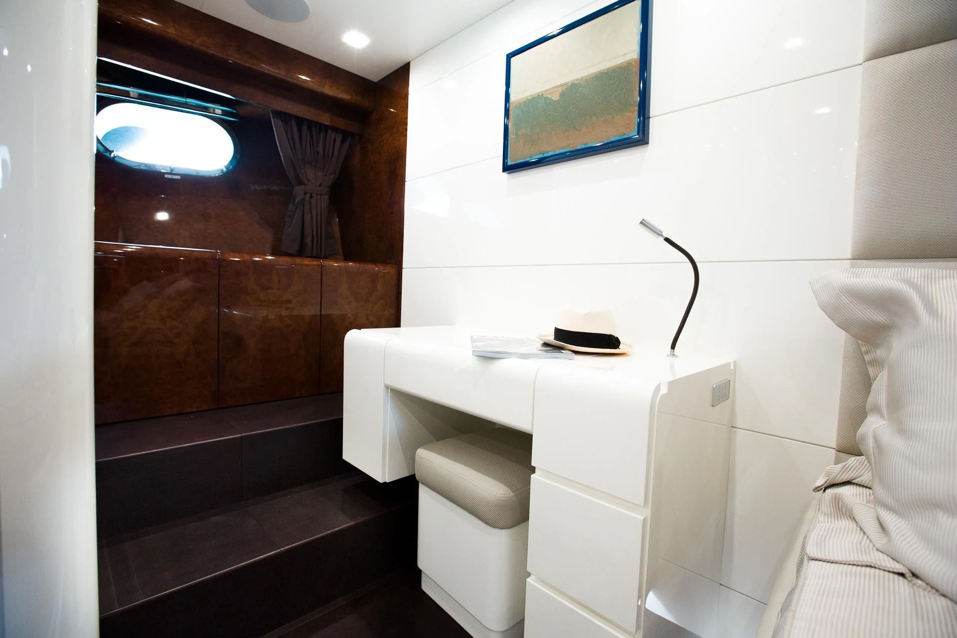 a bathroom with a large mirror aboard CAMILLA A Yacht for Sale