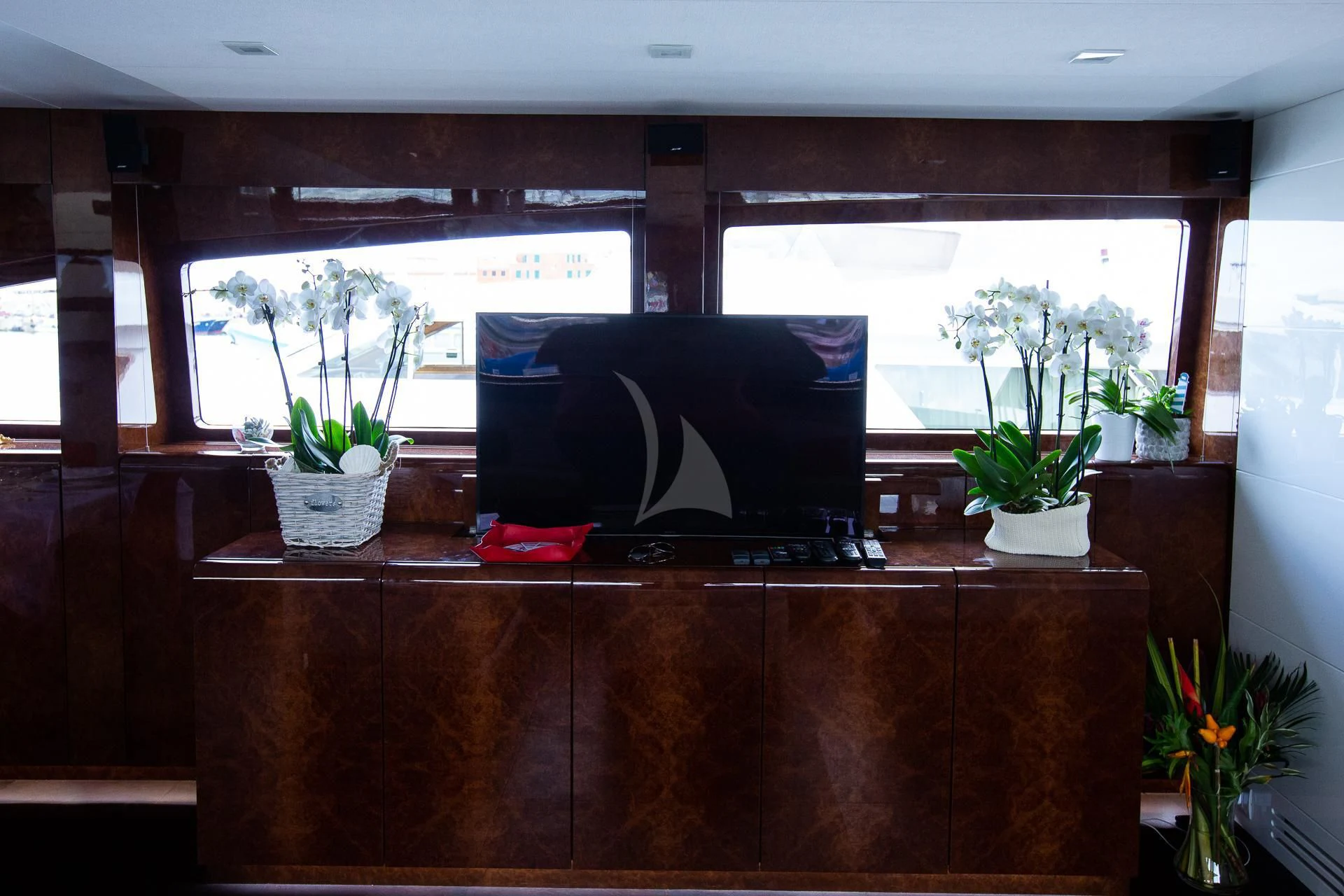 a black hat on a desk aboard CAMILLA A Yacht for Sale