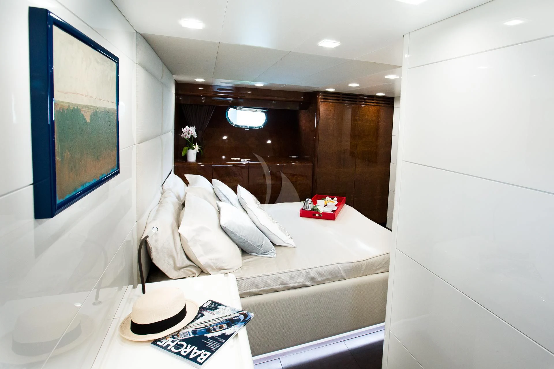a bathroom with a large mirror aboard CAMILLA A Yacht for Sale