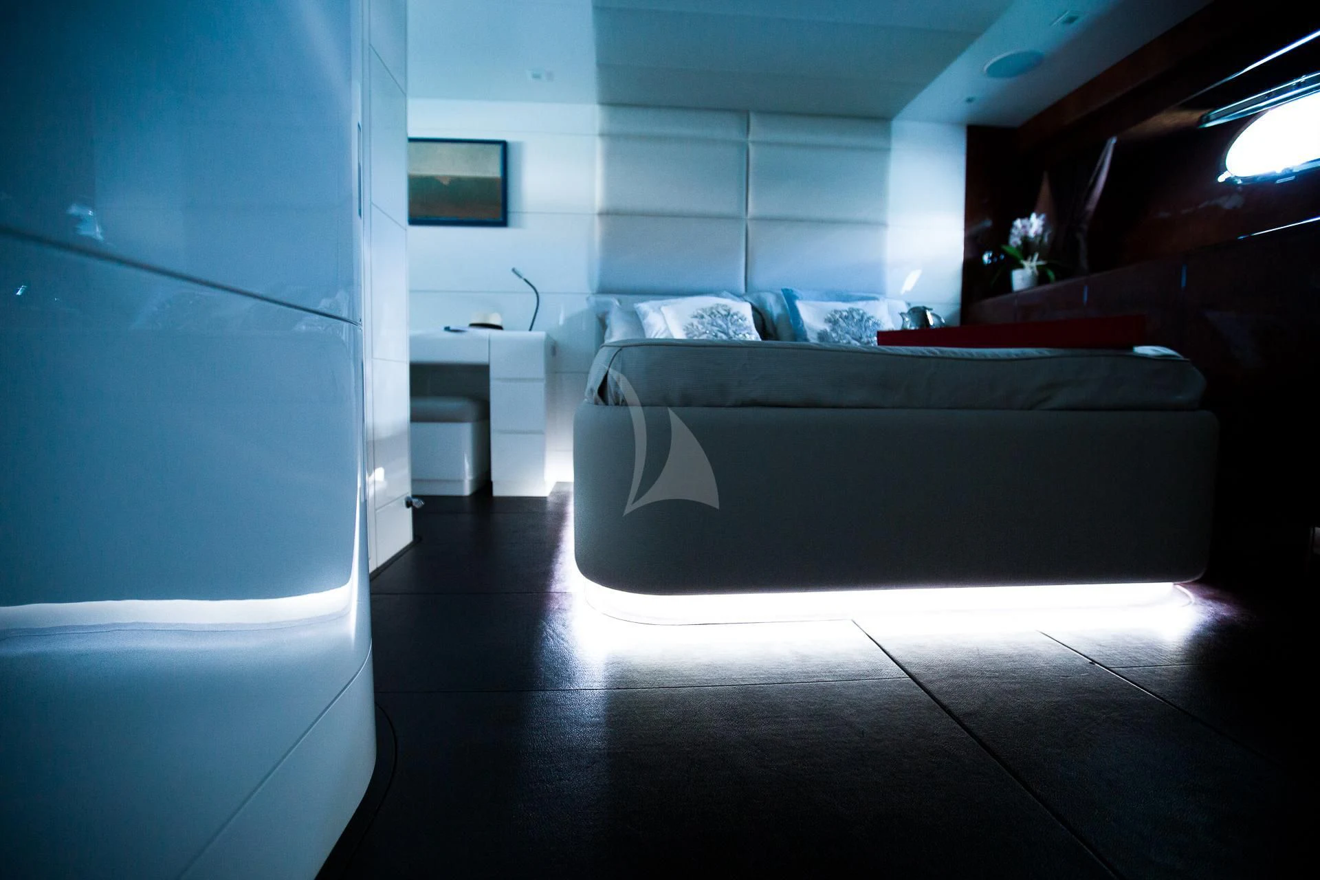 a bed in a room aboard CAMILLA A Yacht for Sale