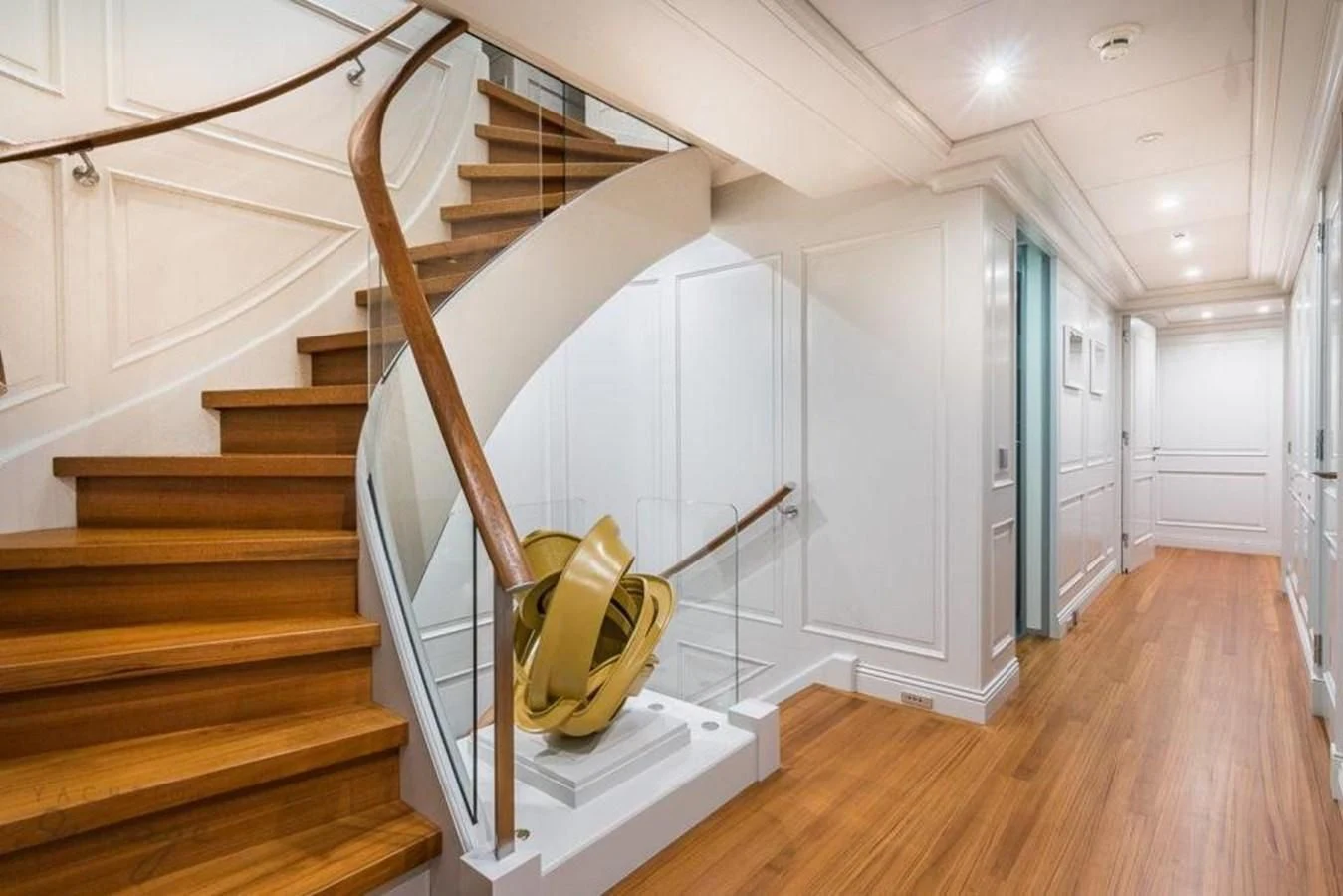a staircase with a shoe on the side aboard BRAVADO Yacht for Sale