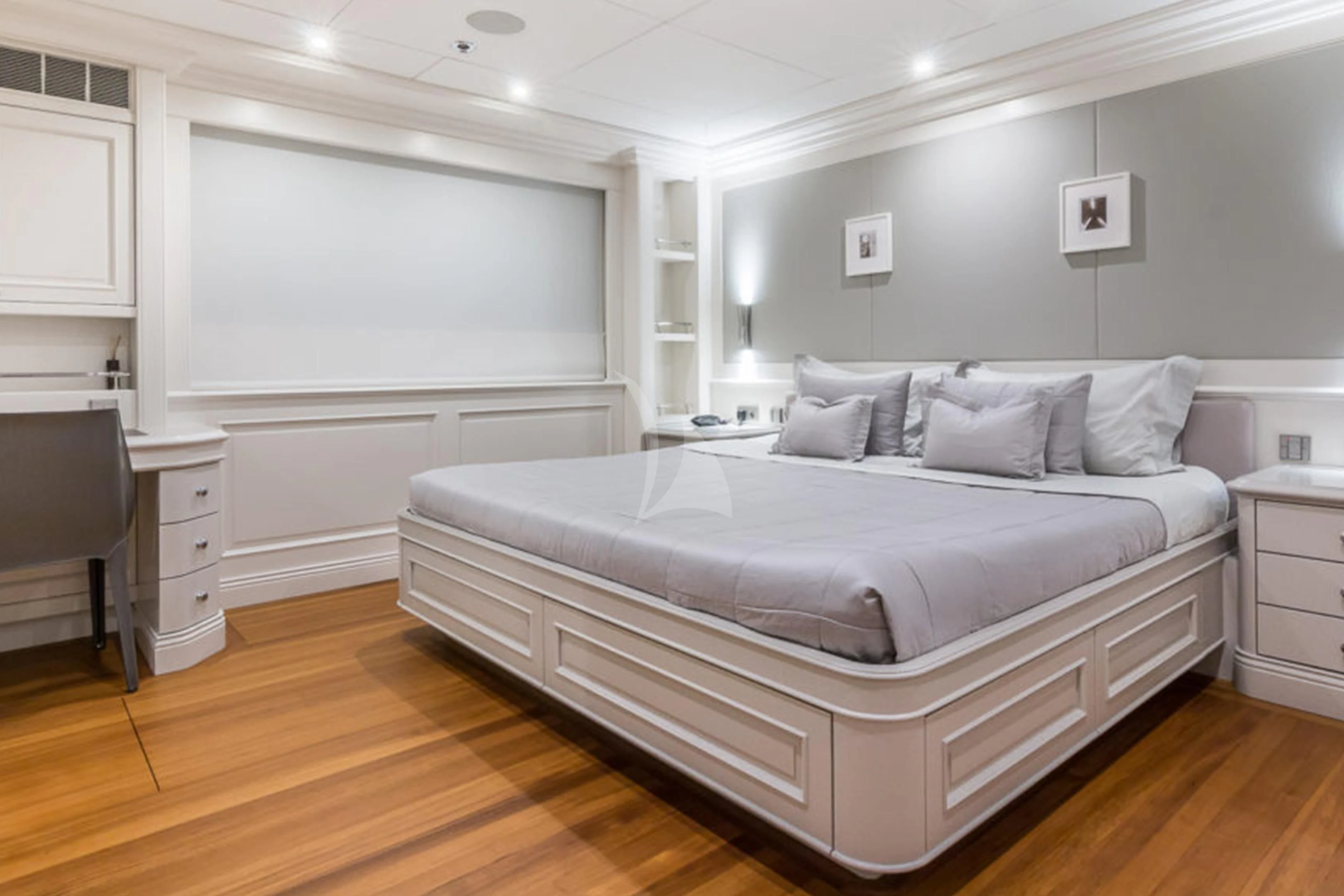 a large bed in a room aboard BRAVADO Yacht for Sale