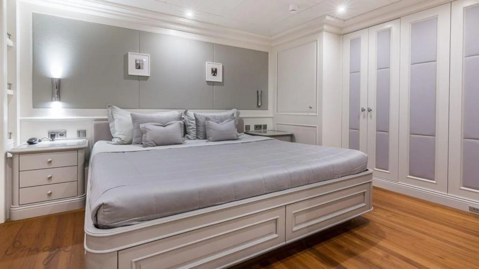 a bed in a room aboard BRAVADO Yacht for Sale