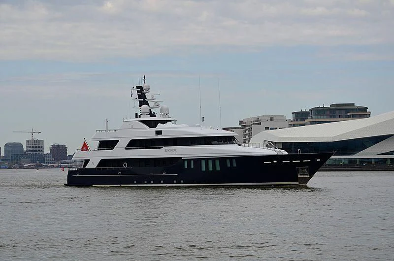a large white boat in the water aboard BRAVADO Yacht for Sale