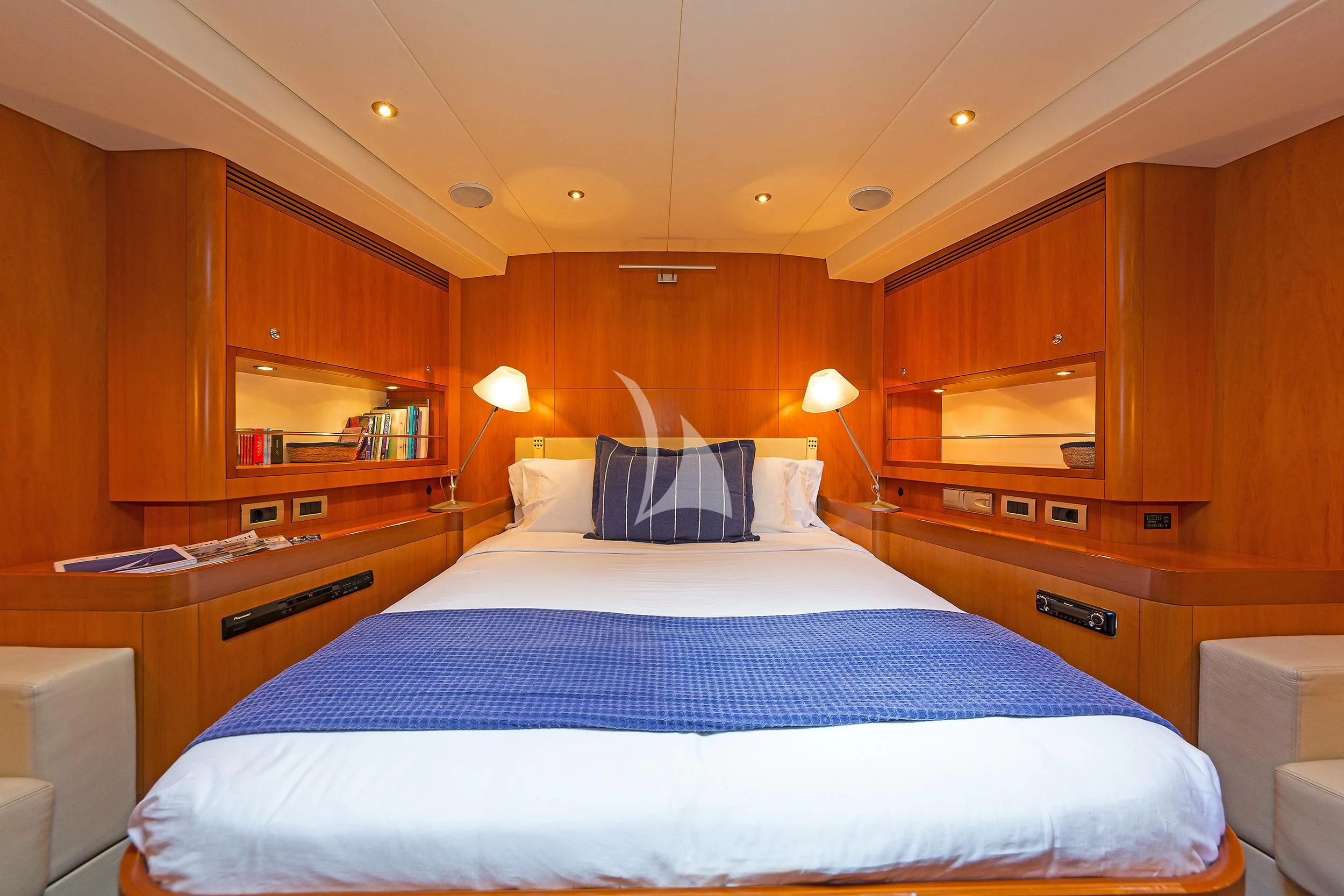 a bed in a room aboard MELITI Yacht for Sale