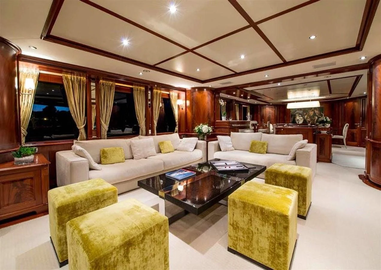a living room with a large window aboard VIRTUE Yacht for Sale