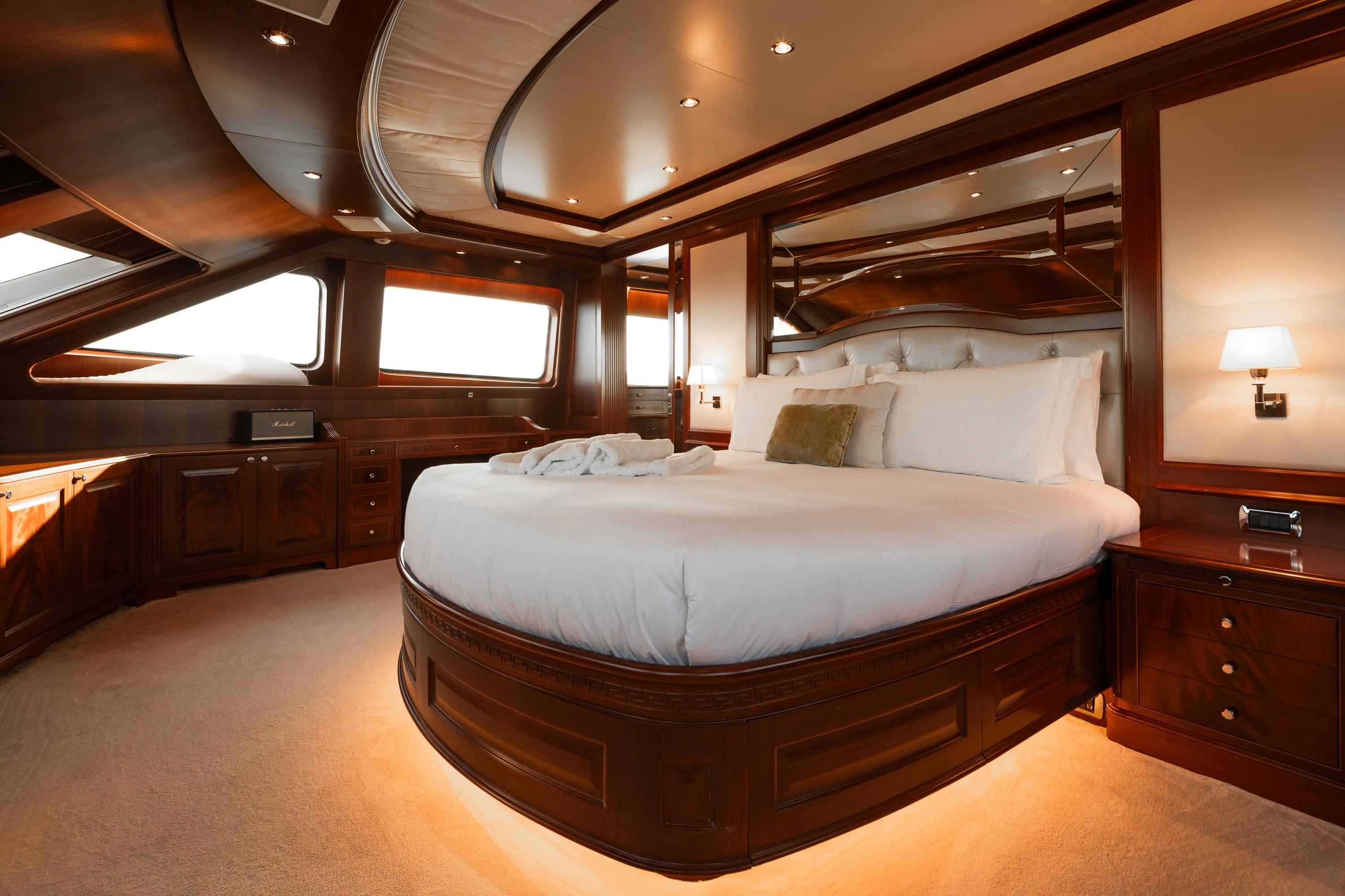 a large bed in a room aboard VIRTUE Yacht for Sale