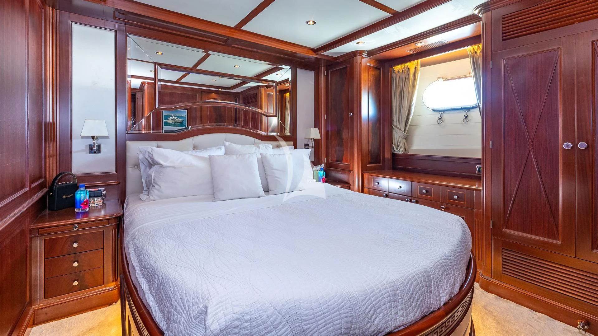 a bed with white sheets aboard VIRTUE Yacht for Sale