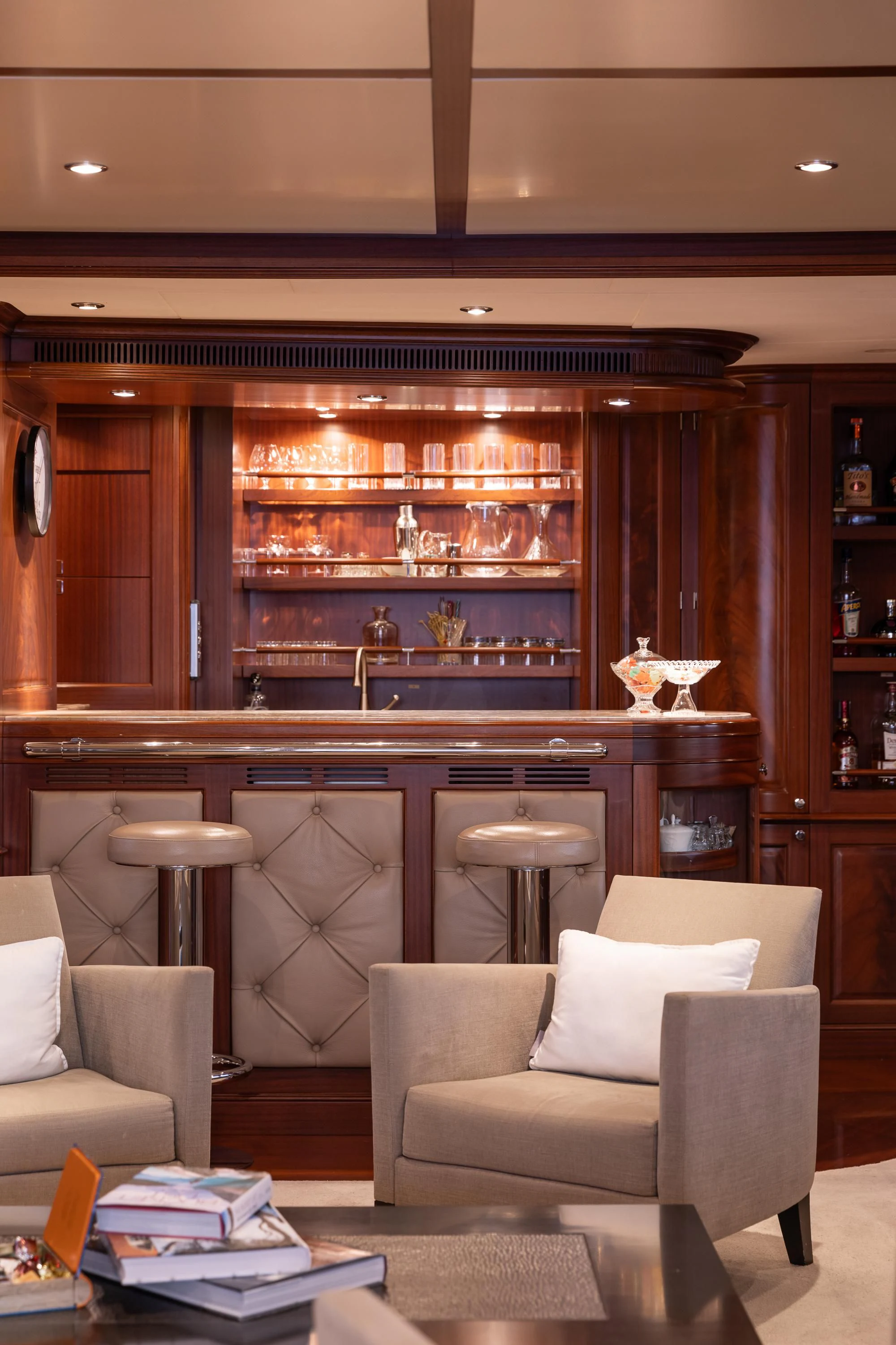 a kitchen with a bar and a bar aboard VIRTUE Yacht for Sale