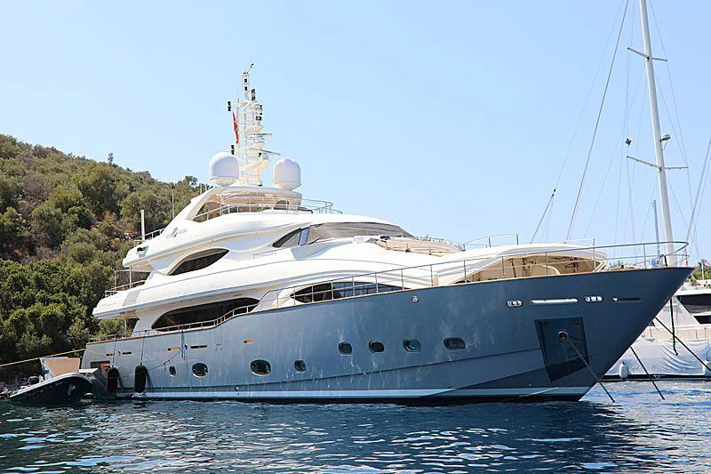 a large white boat aboard LIBERTAS Yacht for Sale