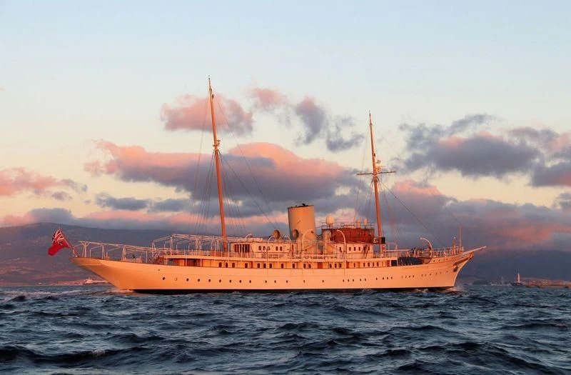 a large orange ship in the water aboard NAHLIN Yacht for Sale