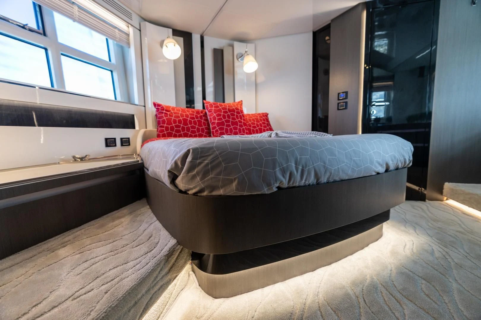 a bed in a room aboard ZERO DIMENSION Yacht for Sale