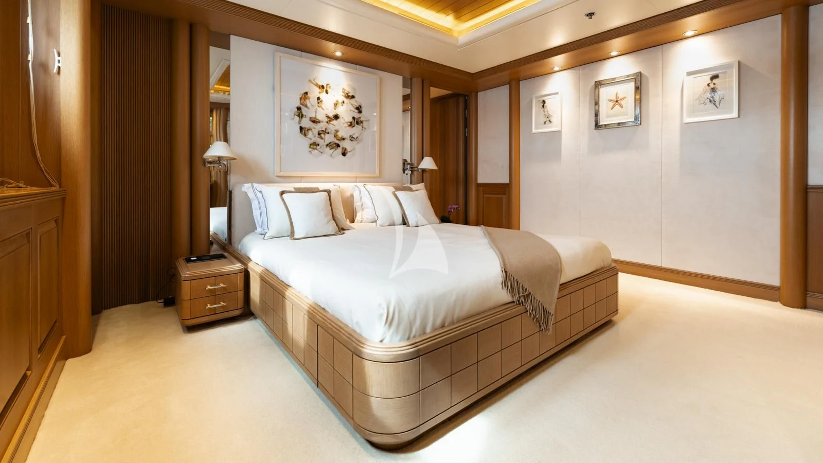 a large bedroom with a large bed aboard MARLA Yacht for Sale