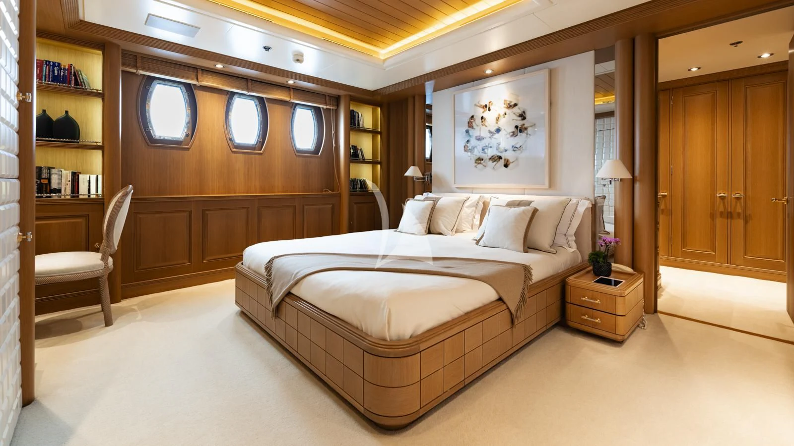 a large bed in a room aboard MARLA Yacht for Sale