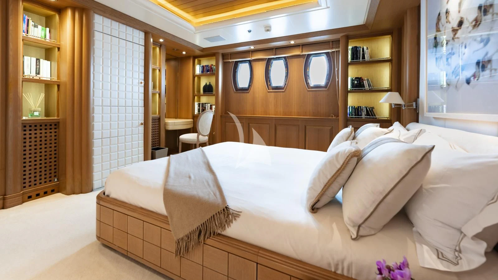a large bed in a room aboard MARLA Yacht for Sale