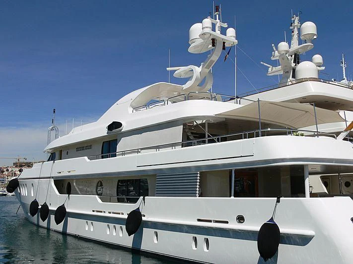 a large white yacht with a seagull on it aboard MARLA Yacht for Sale