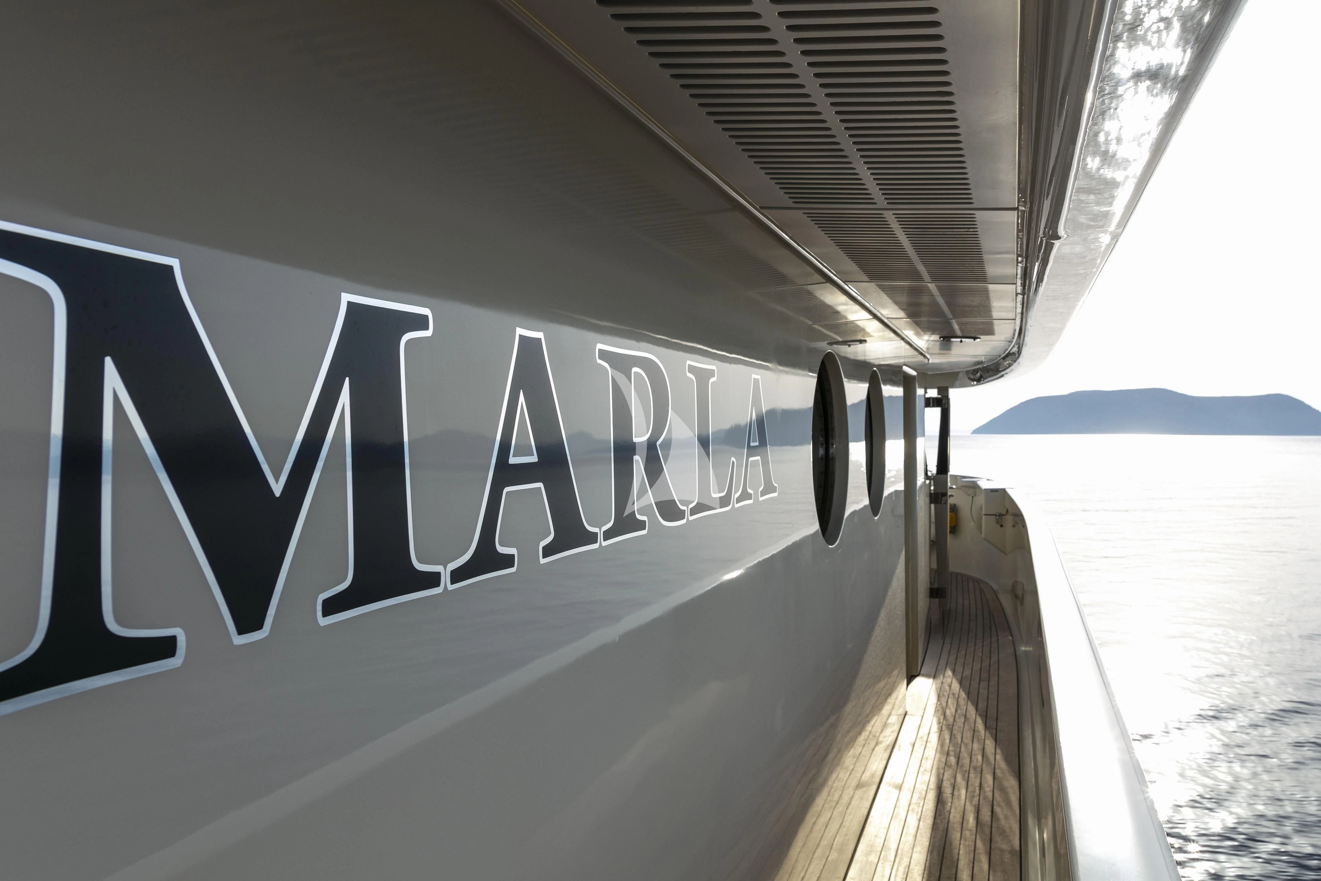 a white wall with writing on it aboard MARLA Yacht for Sale