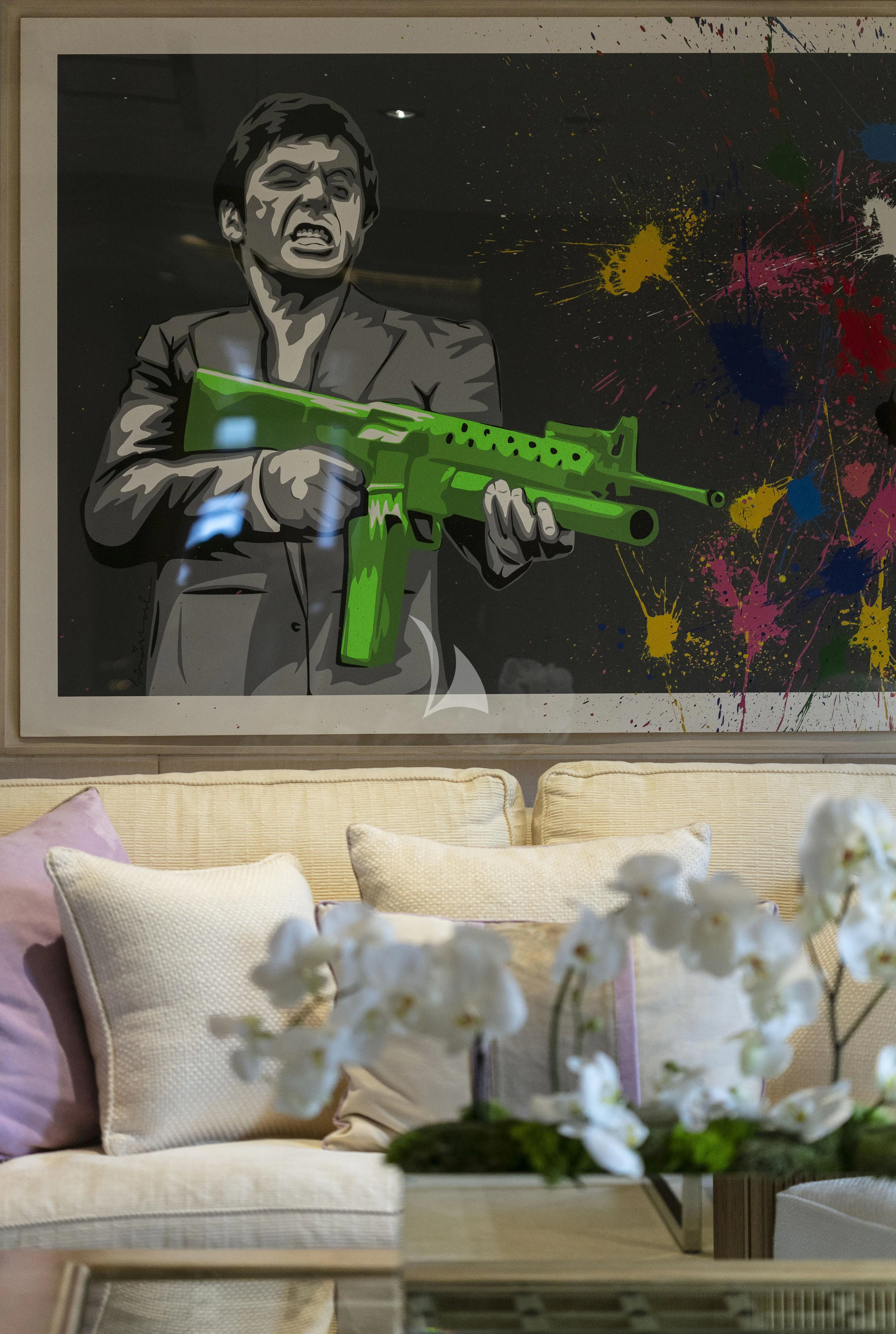 a wall with a painting of a person playing guitar aboard MARLA Yacht for Sale