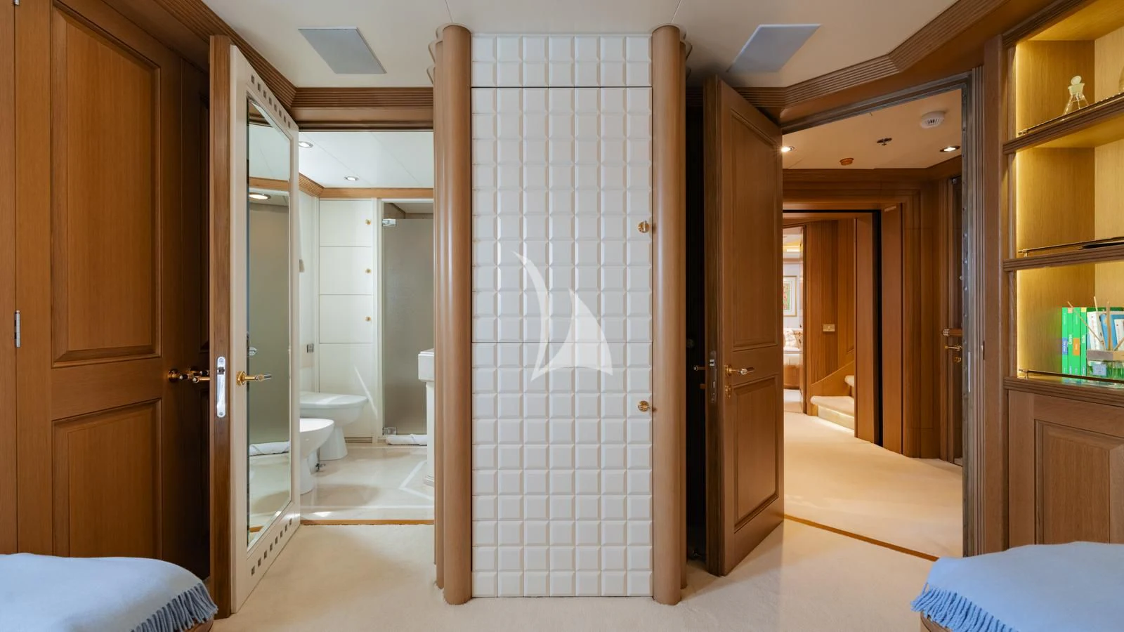 a bathroom with a shower aboard MARLA Yacht for Sale