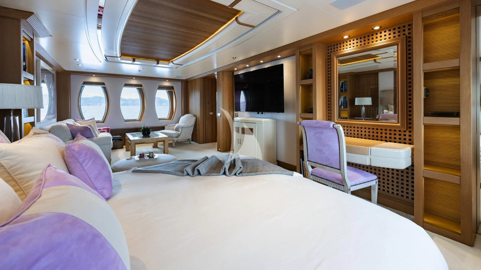 a large bed in a room aboard MARLA Yacht for Sale