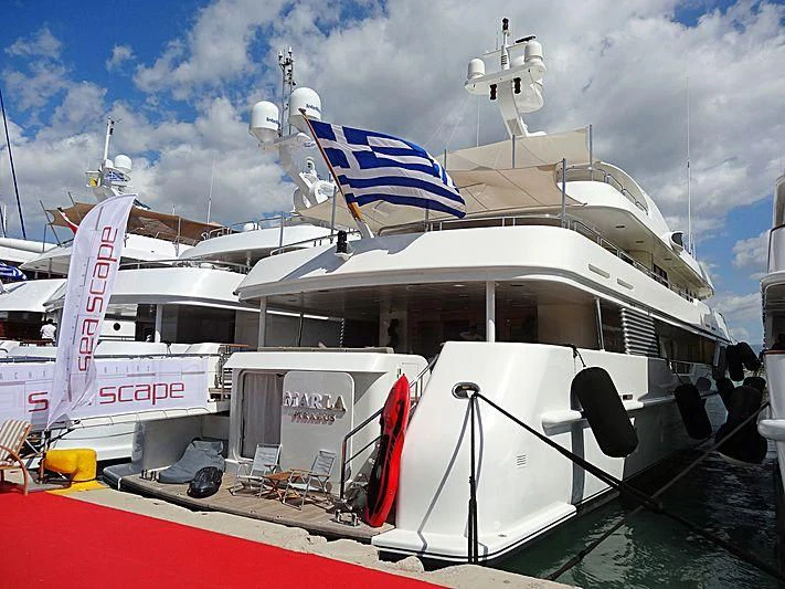 a boat docked at a dock aboard MARLA Yacht for Sale