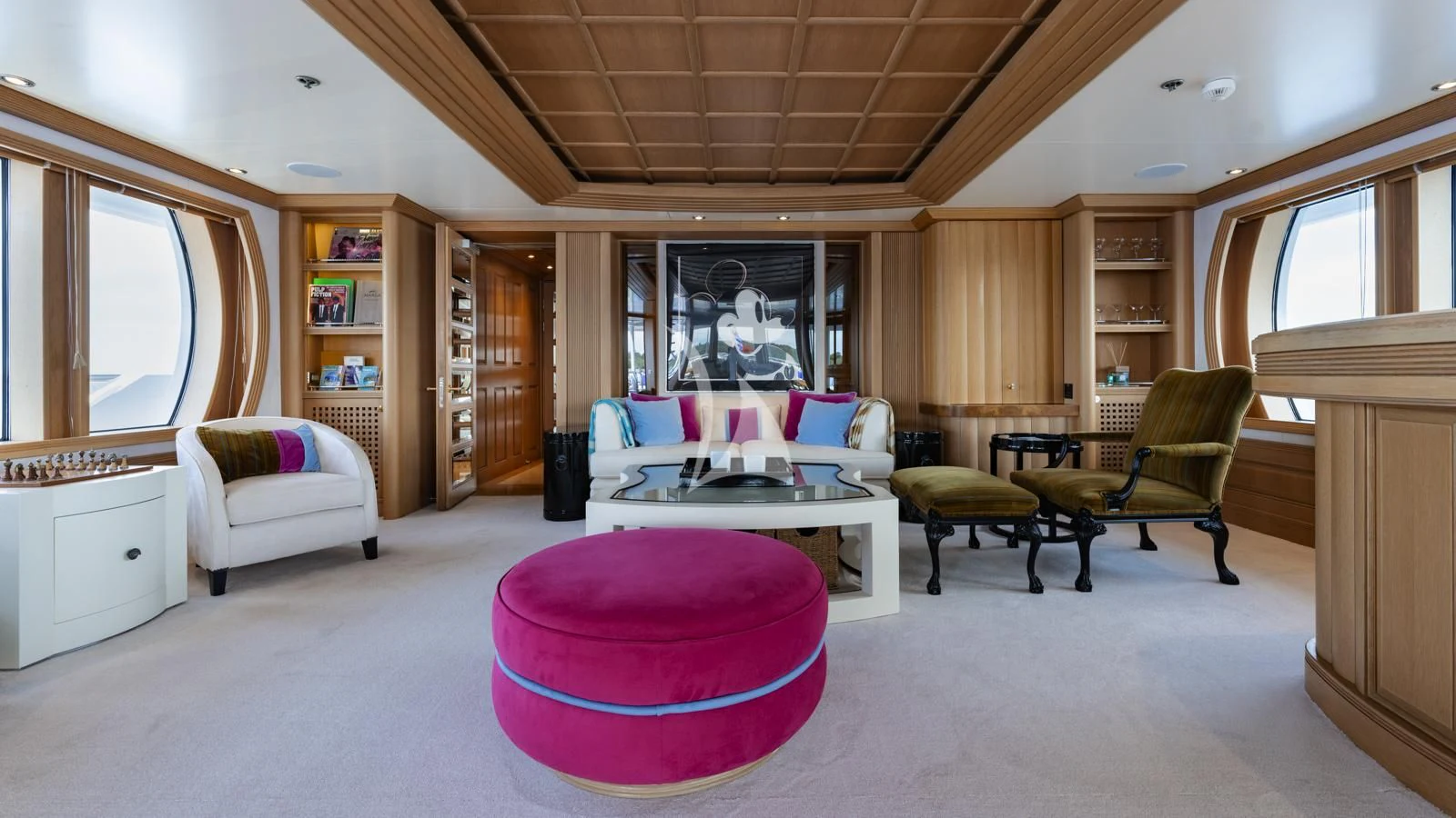 a living room with a large open door aboard MARLA Yacht for Sale