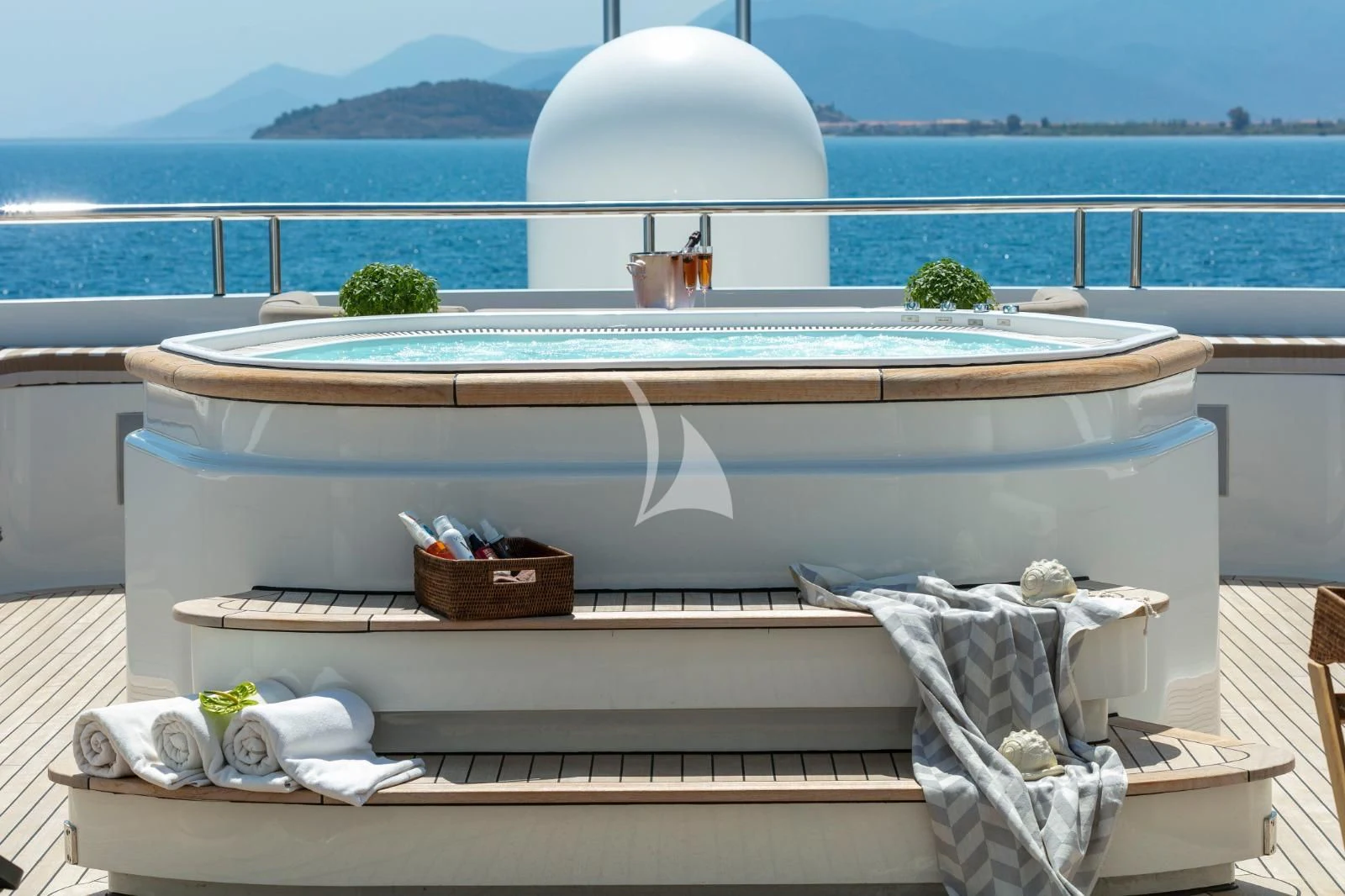 a balcony with a large body of water and a large white object on the top aboard MARLA Yacht for Sale