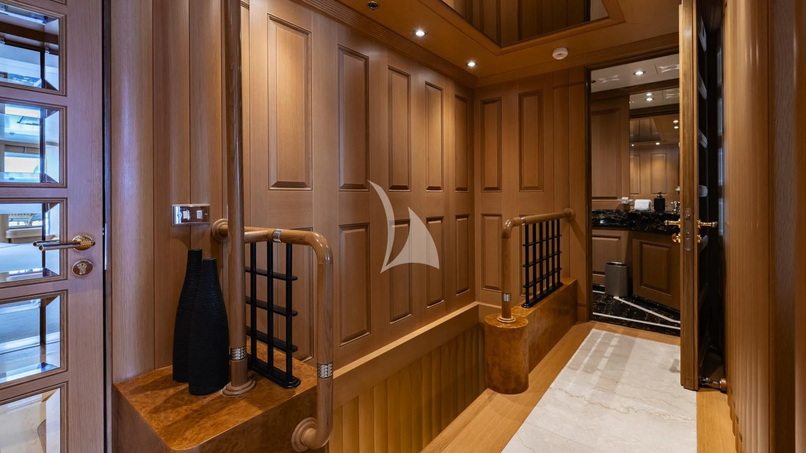 a bathroom with a large mirror aboard MARLA Yacht for Sale