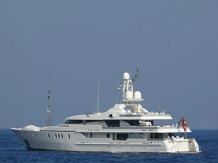 a large white boat in the water aboard DEJA TOO Yacht for Sale