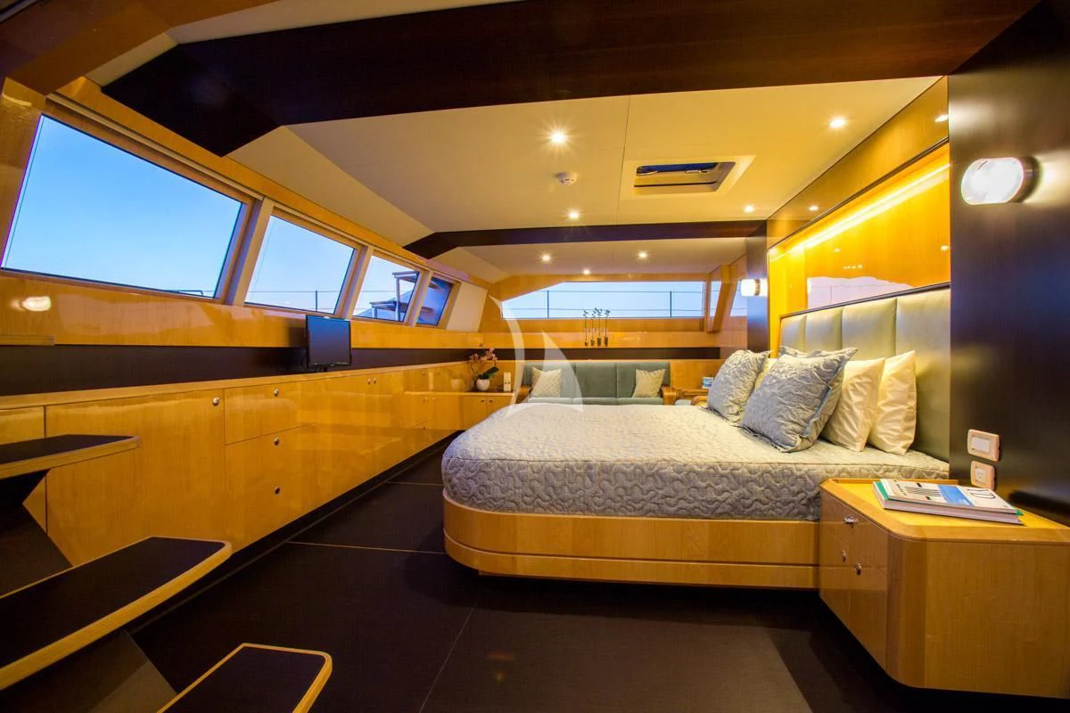 a bed in a room aboard WINDQUEST Yacht for Sale