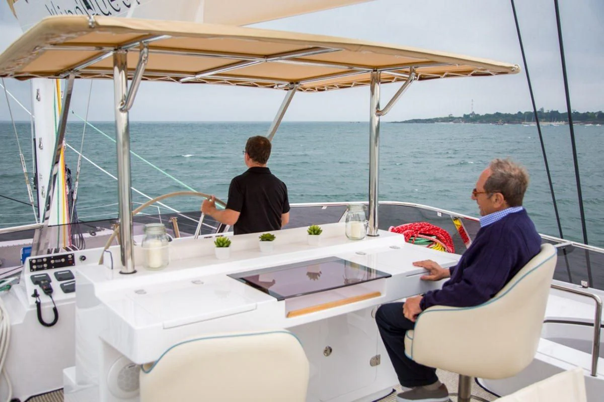 two men sitting on a boat aboard WINDQUEST Yacht for Sale