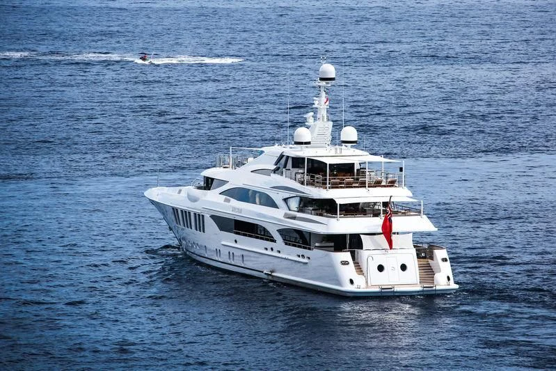 a white boat on the water aboard VECTOR Yacht for Sale