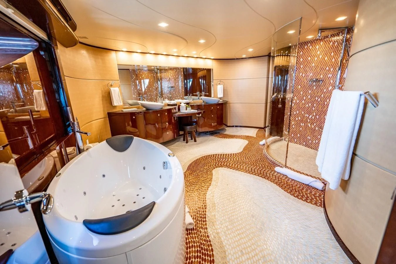 a large bathroom with a large tub aboard TRUE NORTH Yacht for Sale