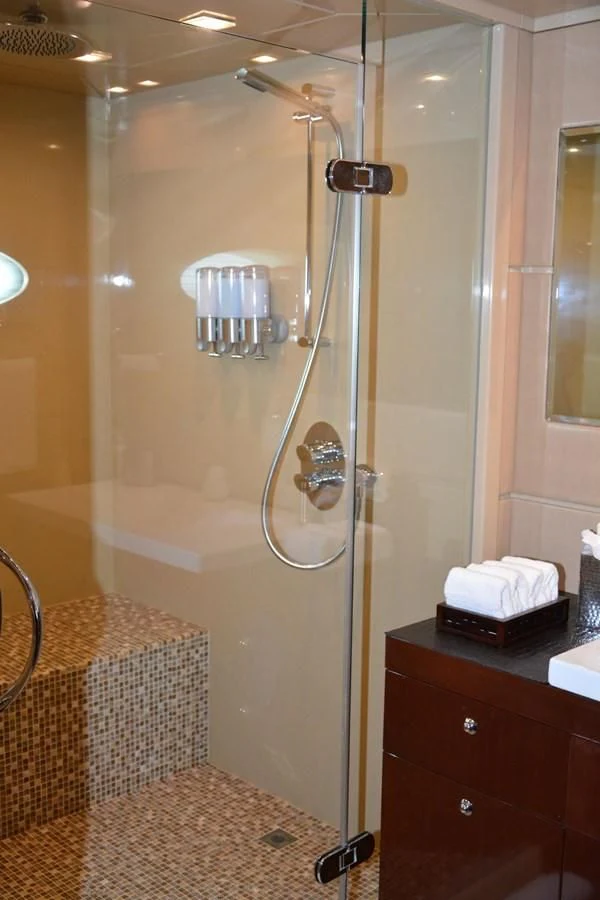 a shower with a glass door aboard TRUE NORTH Yacht for Sale