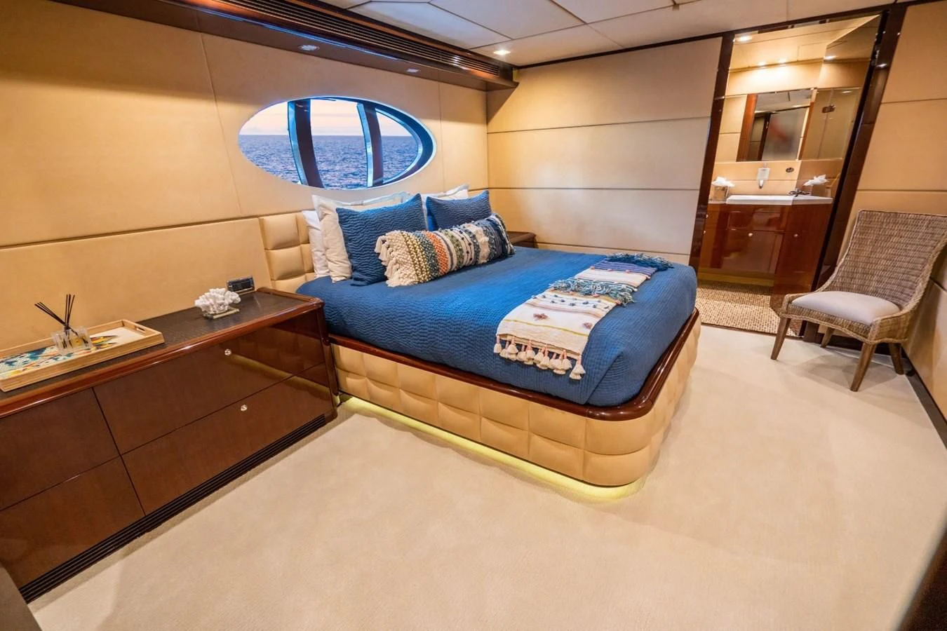 a bed in a room aboard TRUE NORTH Yacht for Sale