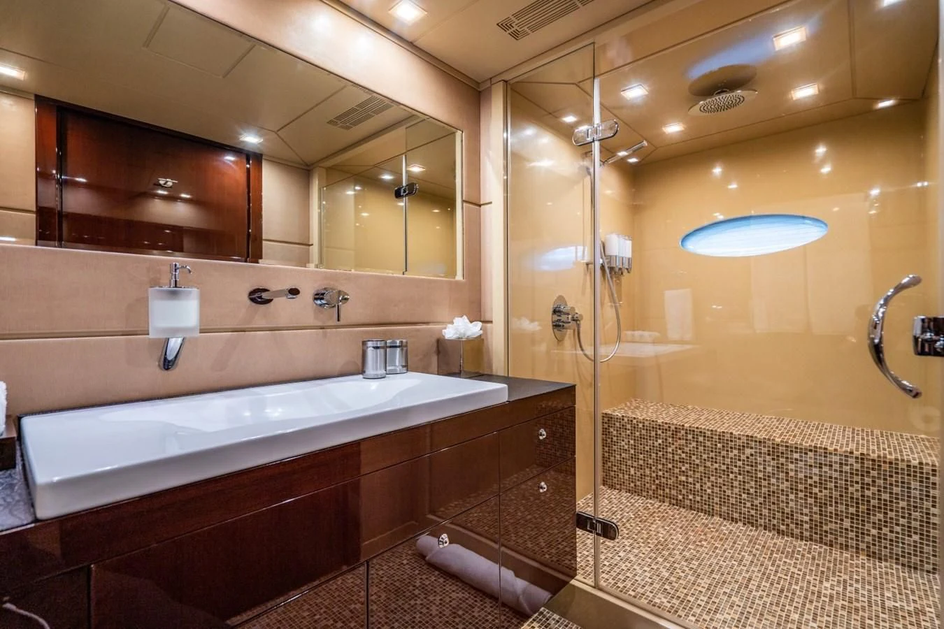 a bathroom with a large bathtub aboard TRUE NORTH Yacht for Sale